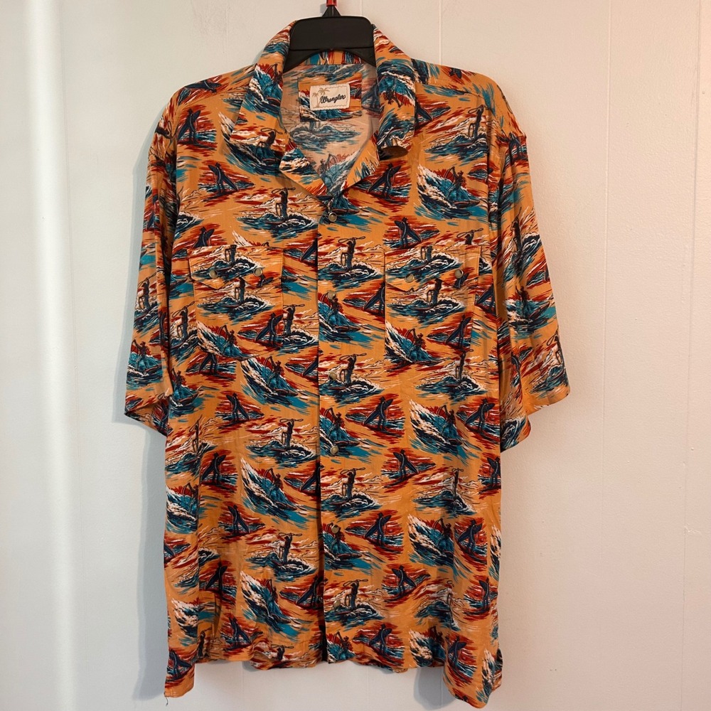 Wrangler Mens Large Surfing Cowboy Western Snap Short Sleeve Shirt Orange L